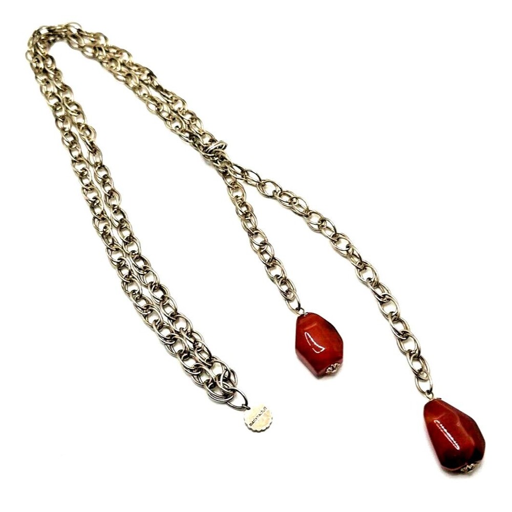 MARLYN SCHIFF Lariat Necklace Gold Tone Chain Red Faux Stone Statement 28" Boho